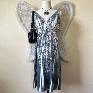 Vintage y2k Black White Fairy Grunge Tattoo Emo MC‎ Bling Ruched Midi Dress M